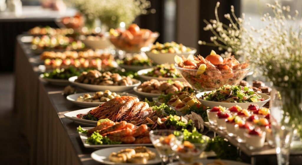 Elegant event catering buffet spread on a long table