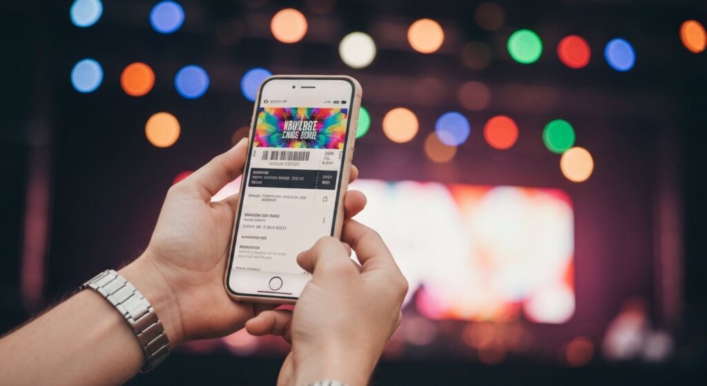 Buying a concert ticket on a phone with stage lights behind