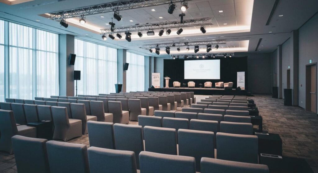 Modern corporate conference hall set for an event