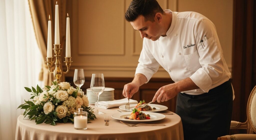 Chef plating gourmet food at a catered event table