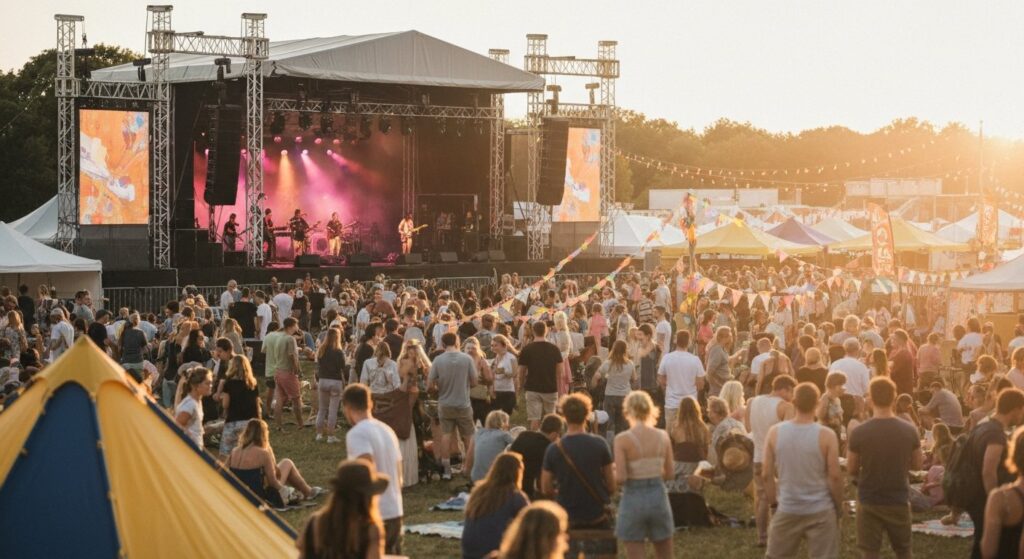 Outdoor music festival at golden hour with stage and crowd