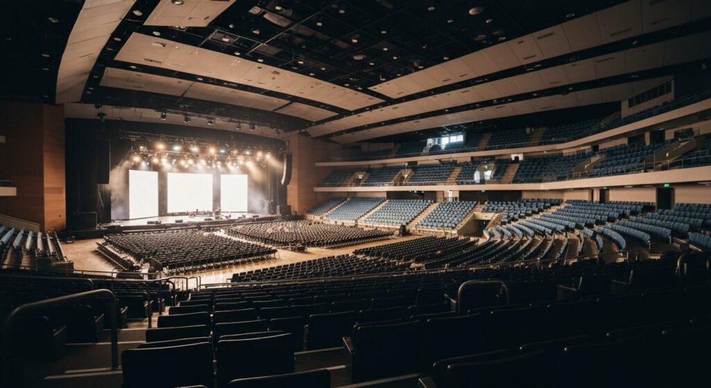 Concert arena interior showing general admission floor and tiered seating