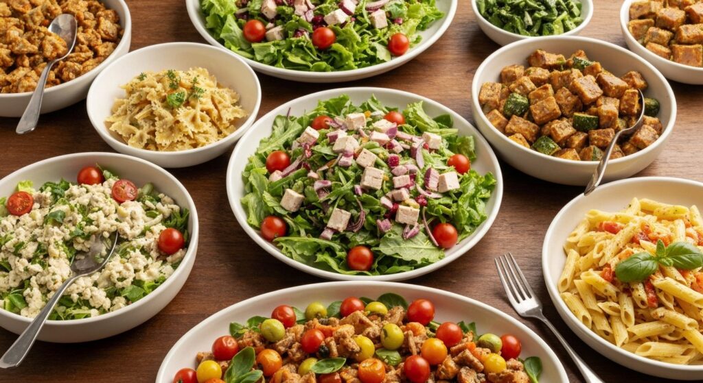 Colorful catering display with varied fresh dishes for different diets