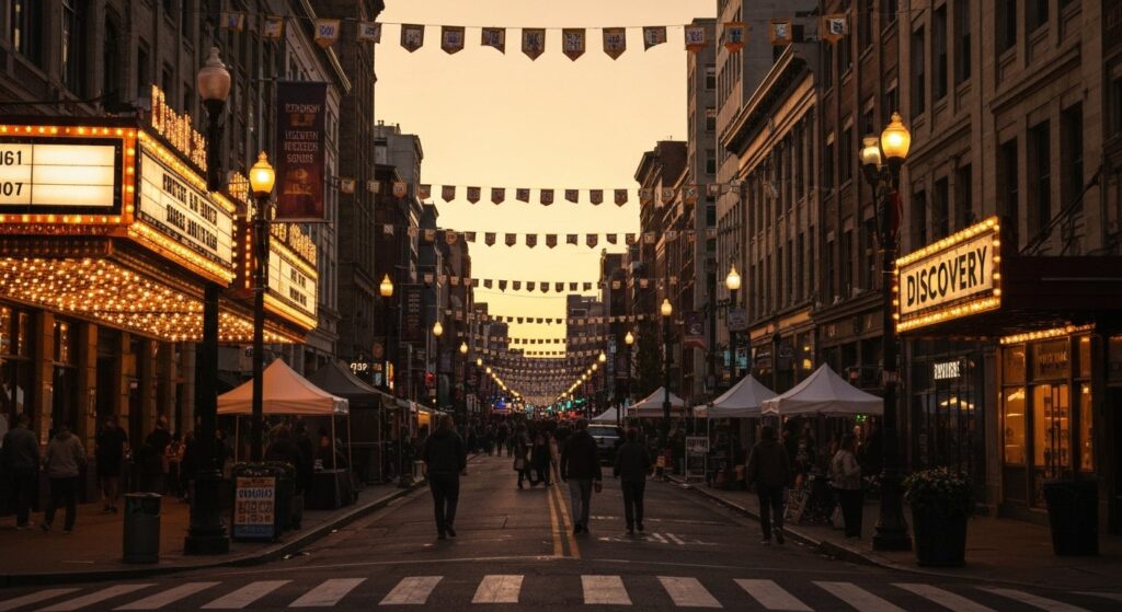 City street at dusk with glowing event marquee lights