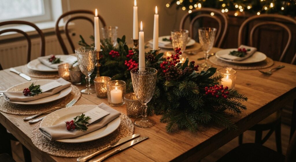 Cozy festive holiday party table with candles and string lights