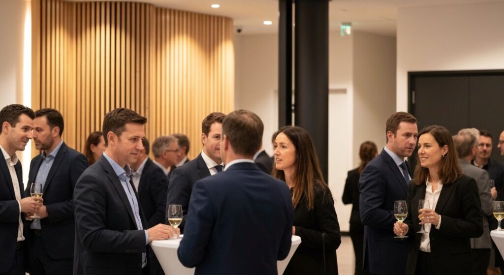 Professional networking event with guests mingling in a modern venue