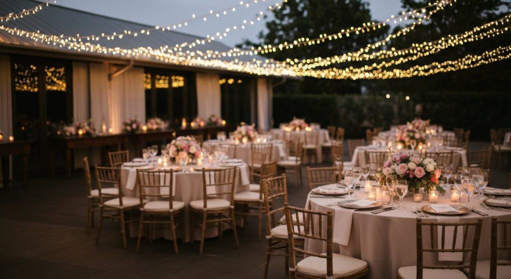 Wedding reception venue set for dinner with string lights