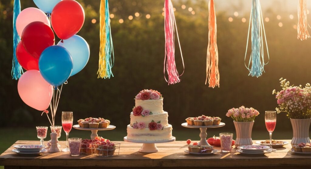 Festive party setup with balloons and cake