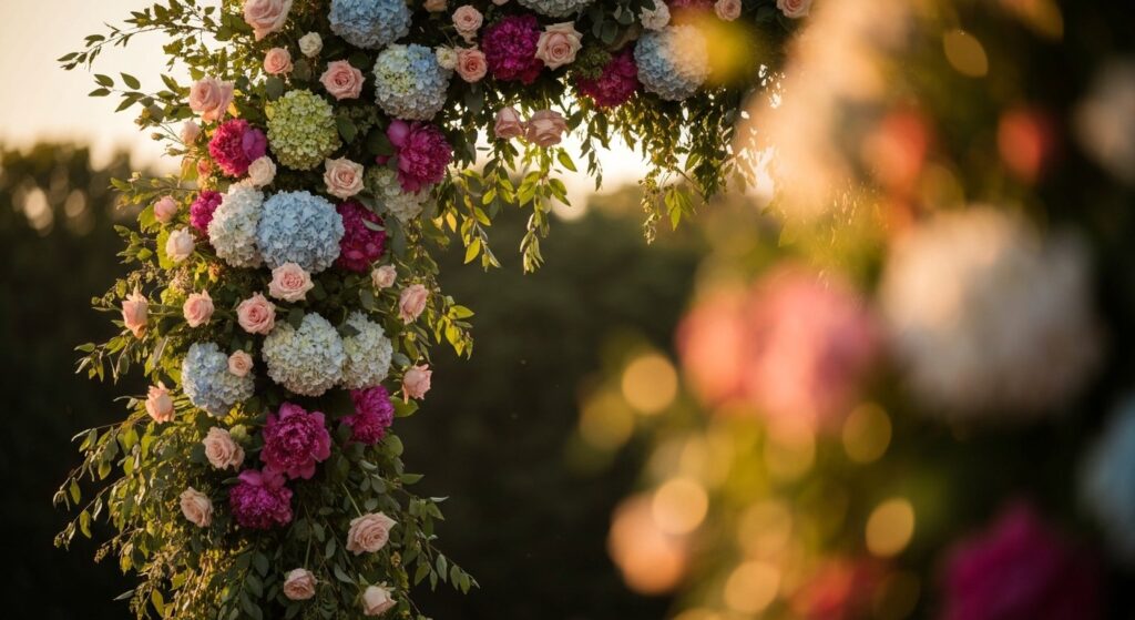 Outdoor wedding ceremony arch with flowers at golden hour